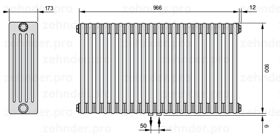 Схема (чертеж) Радиатор Zehnder Charleston 5090/21 №5410 Белый глянцевый RAL 9016